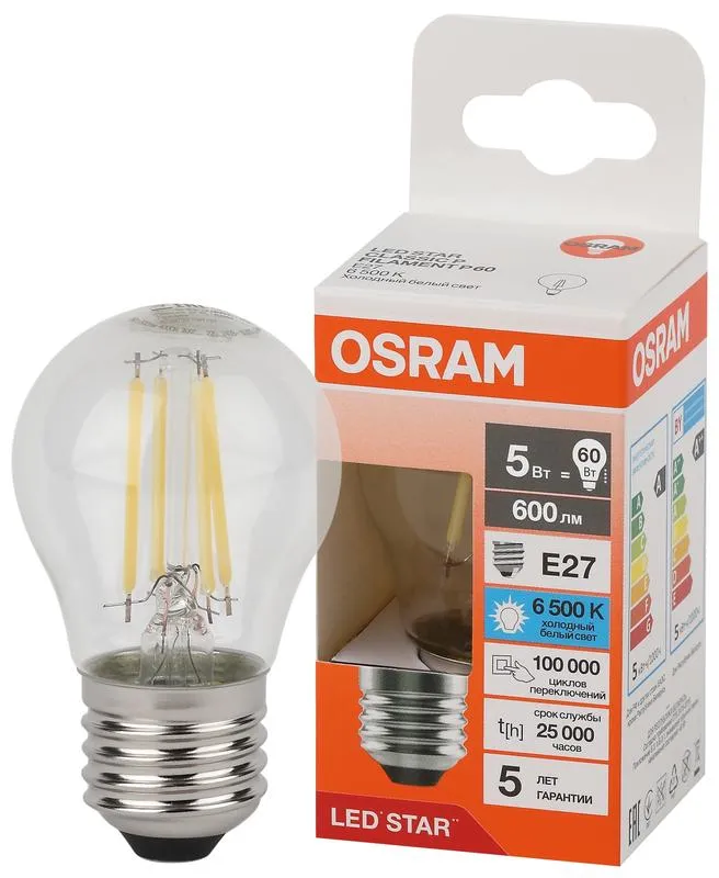 Лампа светодиодная филаментная 5W/6500K (=60W) E27 Шарик LED Star 5Y FILAMENT OSRAM