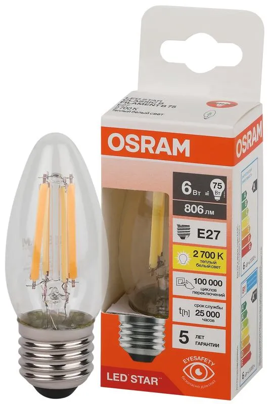 Лампа светодиодная филаментная 6W/2700K (=75W) E27 Свеча LED STAR 5Y FILAMENT OSRAM