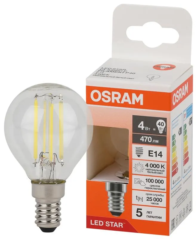 Лампа светодиодная филаментная 4W/4000K (=40W) E14 Шарик LED Star 5Y FILAMENT OSRAM