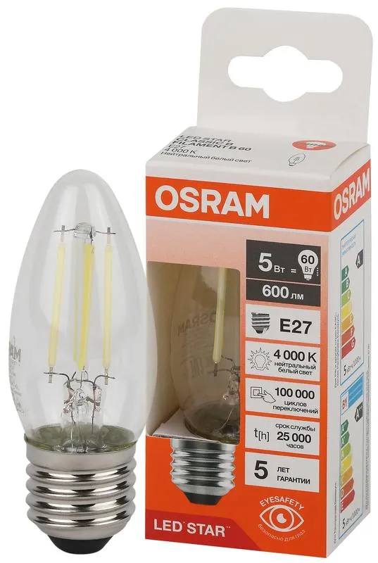 Лампа светодиодная филаментная 5W/4000K (=60W) E27 Свеча LED STAR 5Y FILAMENT OSRAM