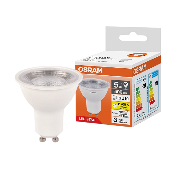 детальное изображение Лампа светодиодная 5W/2700K (=50W) 110° GU10 500Lm LED Star 3Y OSRAM 4099854321146