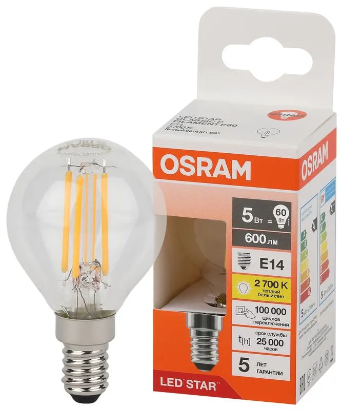 Лампа светодиодная филаментная 5W/2700K (=60W) E14 Шарик LED Star 5Y FILAMENT OSRAM