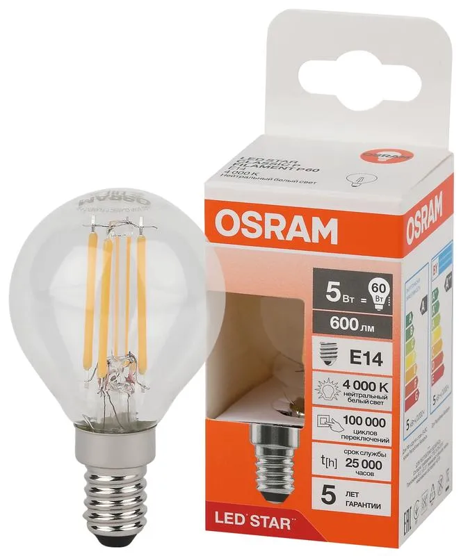 Лампа светодиодная филаментная 5W/4000K (=60W) E14 Шарик LED Star 5Y FILAMENT OSRAM
